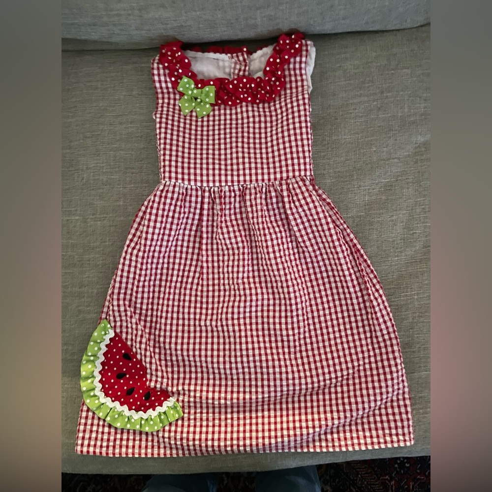 Red and white checkered girl’s dress with watermelon appliqué. Size 4t
